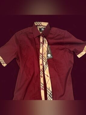 Men's Burgundy Short-Sleeve Dress Shirt with Contrast Plaid Trim